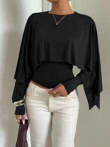 Aloruh Long Sleeve Cape Top Elegant Romantic Minimalist Office Commute Long-Sleeve Top Cape Top - Apricot - View 7