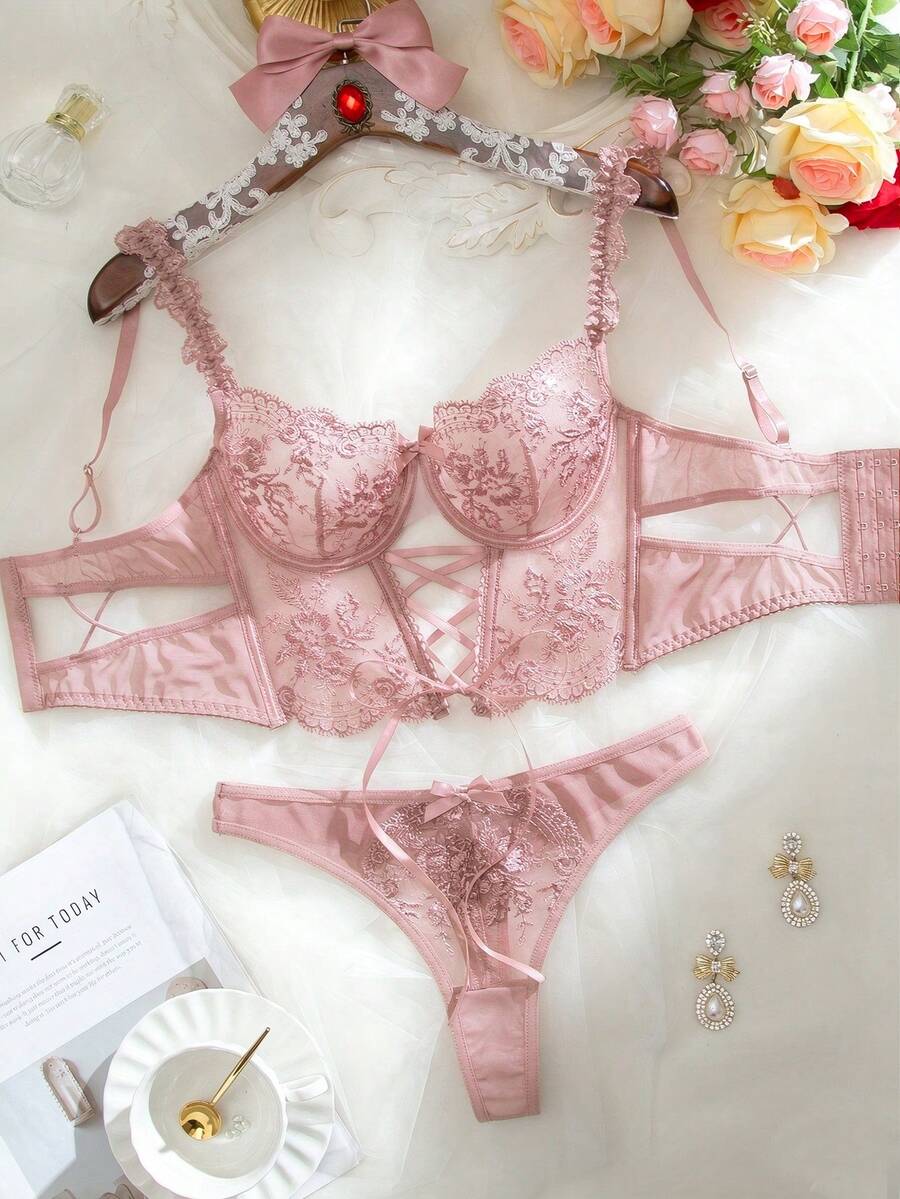 SHEIN Conjunto sexy de 2 piezas con bordado transparente - Rosa vieja - Ver 1