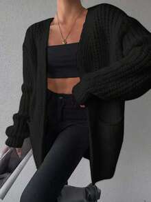 Wovencharm Wovencharm Women's Minimalist Solid Color Loose Cardigan With Dual Pockets - Black - View 6