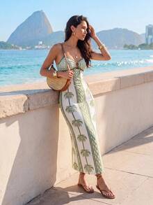 CAJUNI Women's Coconut Tree Print Casual Tropical Vacation Travel Spaghetti Strap Dress Vacation Beach Green Summer - Green - View 4