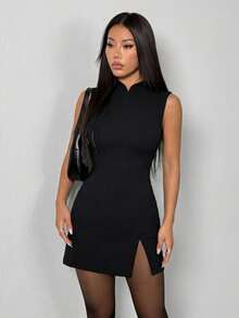 SHEIN PETITE 情人節/春節新款套裝：復古錢幣圖案立領修身喇叭袖優雅紅色洋裝，適合約會與派對 - 黑色 - 查看 4