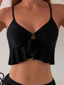 Swim Basics Summer Beach Hollow Out Strap Tie And Spaghetti Strap Bikini Set - Black - View 3