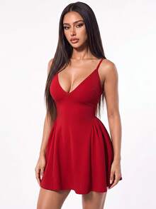 SHEIN ICON 純紅色迷你 A 字泡泡袖洋裝，深 V 領、性感優雅收腰、露背設計，花苞風約會派對洋裝 - 紅色 - 查看 2