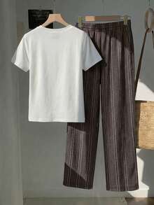 Tseoso 2pcs Set Embroidered Round Neck Short Sleeve Top And Striped Print Pants, Casual - Brown - View 2