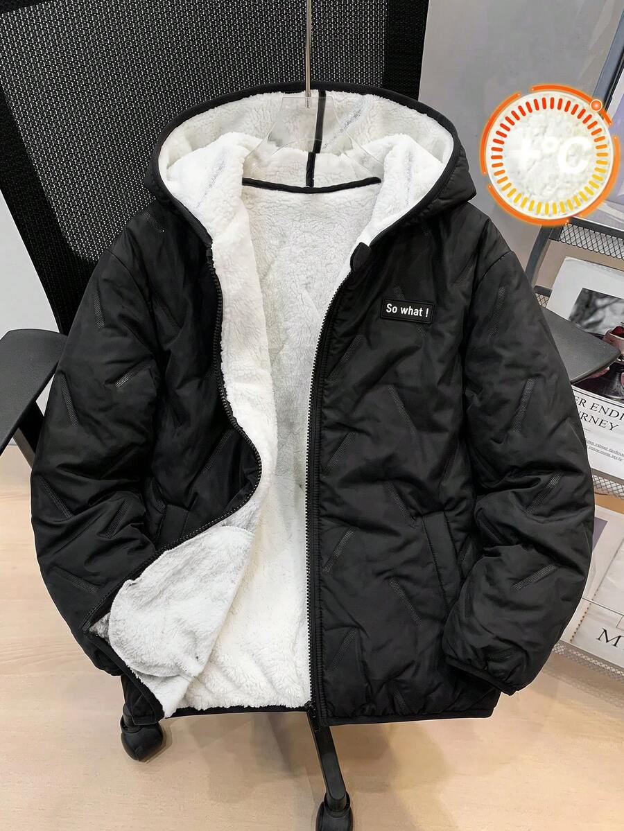 SHEIN 兒童青少年男孩休閒連帽前開襟長袖梭織冬季外套派克大衣,適合通勤、上學、日常休閒、度假旅行、運動,適用秋冬季節,黑色 - 彩色 - 查看 1