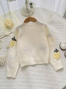 SHEIN 女童白色圓領針織開襟衫，重工刺繡檸檬圖案，可搭配洋裝，舒適柔軟 - 白色 - 查看 5