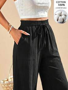 Travachic Women's Solid Color Waist Tie Pocket Cuffed Casual Long Pants - Black - View 4