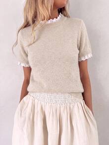 Louniche Elegant Apricot Crew Neck Lace Trim Patchwork Knit Short Sleeve Sweater, Suitable For Commute, Home, And Daily Wear, Spring/Summer - Apricot - View 6