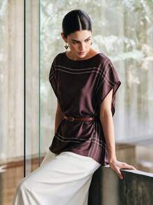 Anewsta New Elegant Purple Women's Top, Scarf-Like Texture, Modern Office Style With Belt Detail - Purple - View 8