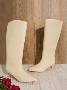 SHUZIA Slip-On Pointed Toe High Heel Knee High Boots Holiday Vacay Vibe For Summer Shoes Spring Shoes Spring Break Easter - Beige - View 2