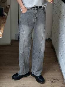 DAZY Spring/Autumn Long Grey Washed Distressed Faded Patchwork Deconstructed Pleated Design Men's Jeans - Grey - View 4