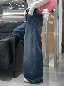 DAZY Atasan Wanita Lucu dengan Hiasan Rhinestone dan Model Jeans Longgar Kasual yang Dicuci - Biru - View 2