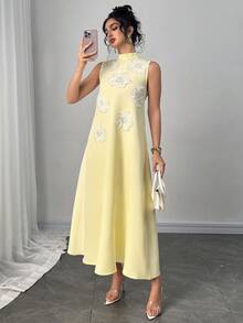Modelyn 女款時尚優雅奢華重工3D花卉淺黃色寬鬆長款A字洋裝 - Butter Yellow - 查看 7