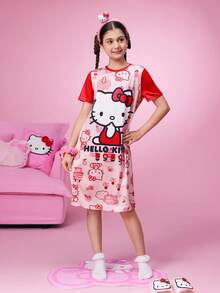 HELLO KITTY AND FRIENDS | SHEIN 少女聯名款卡通印花粉色甜美居家休閒洋裝 - 紅色 - 查看 6