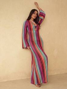 Silquee Women's Spring/Summer Mesh Knit V-Neck Long Sleeve Dress Swimsuits Bathing - Multicolor - View 7
