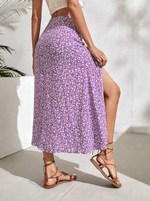 SHEIN Holidaya 女款碎花開衩大腿長裙 度假海灘穿搭 - 紫色 - 查看 2