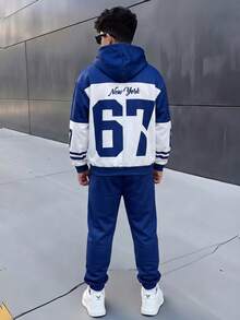 SHEIN 兒童青少年男孩休閒運動數位67圖案套頭連帽衛衣，寬鬆長袖極簡風運動衫與運動長褲兩件套，適合通勤、上學、日常休閒、度假、旅行、運動，秋冬穿著 - 藍色 - 查看 2