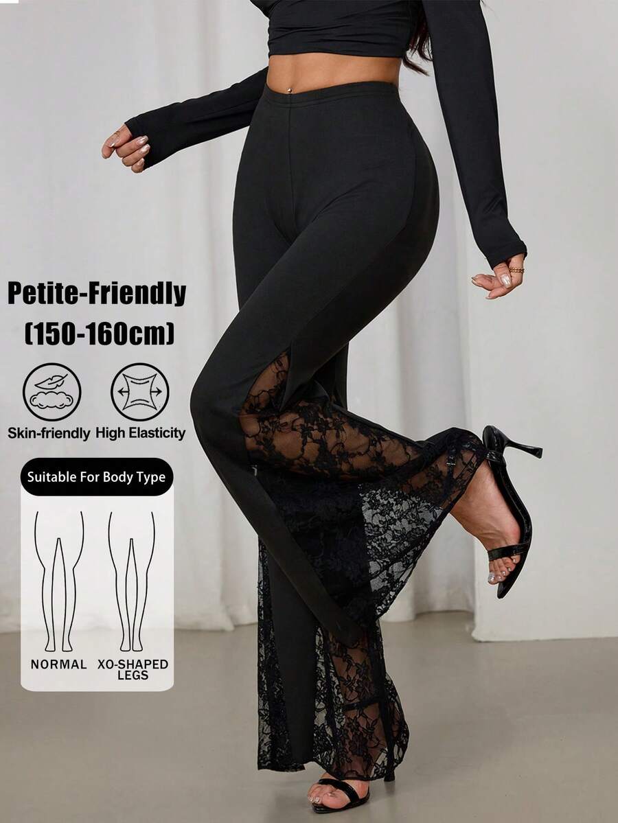 SHEIN PETITE 女款純色彈性腰蕾絲喇叭褲 - 黑色 - 查看 1
