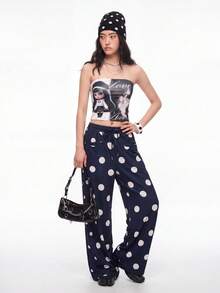 Bloopia Navy Blue Polka Dot Drawstring Waist Wide Leg 70's Inspired Casual Loose Sweatpants Y2k 2000s Autume/Summer Halloween Rock Concert Everyday Beach - Navy Blue - View 7