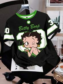 Betty Boop x SHEIN 女款夏季休閒卡通印花T恤 - 白色 - 查看 1