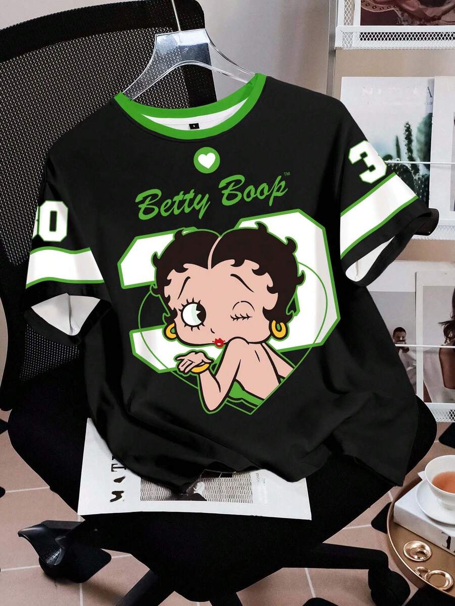 Betty Boop x SHEIN 女款夏季休閒卡通印花T恤 - 白色 - 查看 1