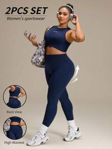 SHEIN Rhythm Era Women's Plus Size Seamless Letter Print Tank Top & Leggings Sports Set, Suitable For Workout, Yoga, Running - Navy Blue - View 1