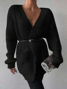 Wovencharm Wovencharm Women's Minimalist Solid Color Loose Cardigan With Dual Pockets - Black - View 2