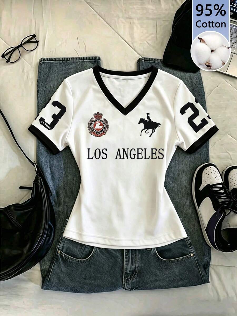 Contrast Color V-Neck Letter Print Fitted Short Sleeve T-Shirt - White - View 1