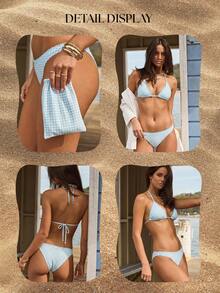 Aralina Summer Resort Vacation Beach Western Trim Detail Pink Floral Two Pieces Bikini Set With Swim Bag - Mint Green - View 10