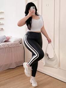 SHEIN EZwear 大尺碼女款拼色高腰休閒百搭日常穿著緊身內搭褲 - 黑色 - 查看 7