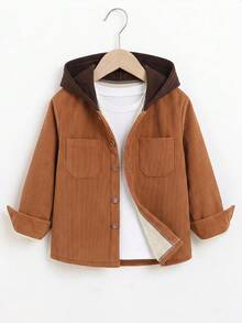 SHEIN Genkimix Kids Boys' Plaid Pattern Hooded Shacket, Spring/Autumn - Brown - View 3