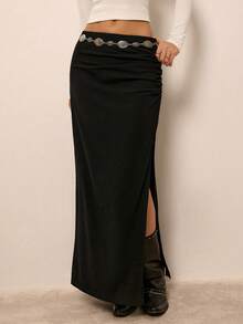 Freevana Black Cotton Blend Ruched High Waisted Side Slit Bodycon Maxi Skirt Sexy Fitted Long Skirt - Black - View 4