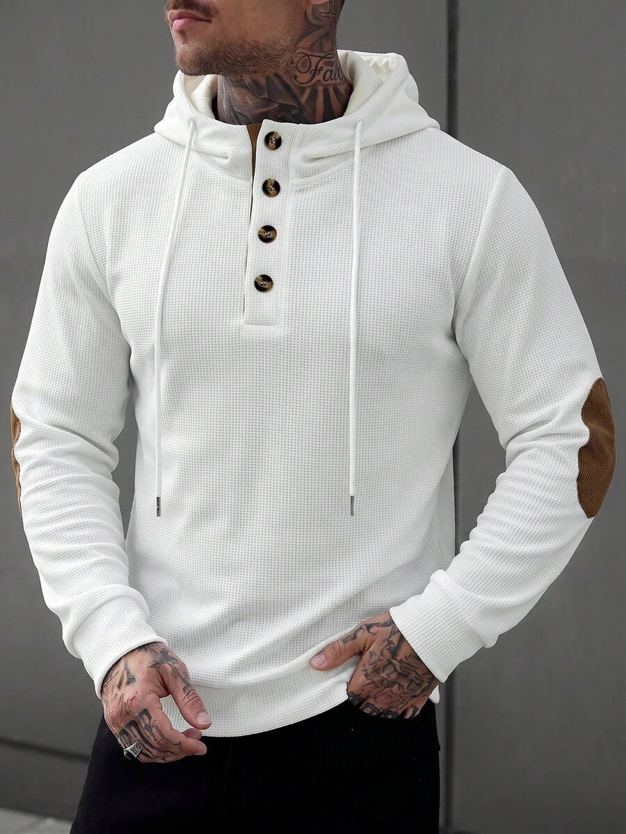 Manfinity Homme Men's Colorblock Waffle Knit Hooded Sweatshirt, Half-Zip Four-Button Design Versatile Hoodie - White - View 1