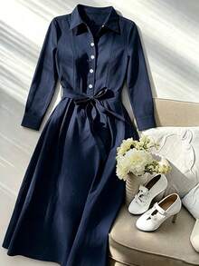 SHEIN Franclia New Elegant Commuter Solid Color Lapel Single-Breasted Cinched Waist Midi Dress For Women - Navy Blue - View 1