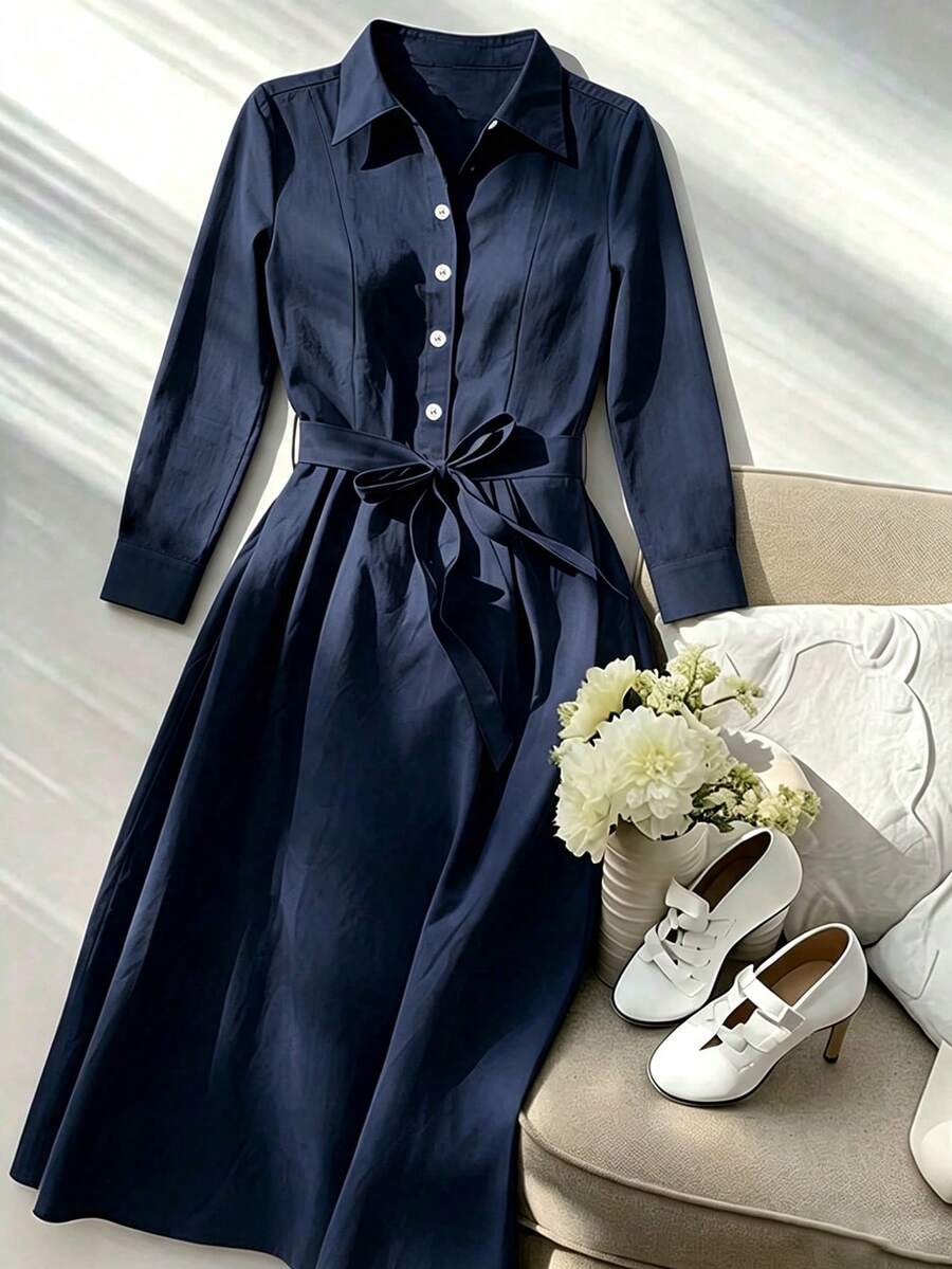 SHEIN Franclia New Elegant Commuter Solid Color Lapel Single-Breasted Cinched Waist Midi Dress For Women - Navy Blue - View 1