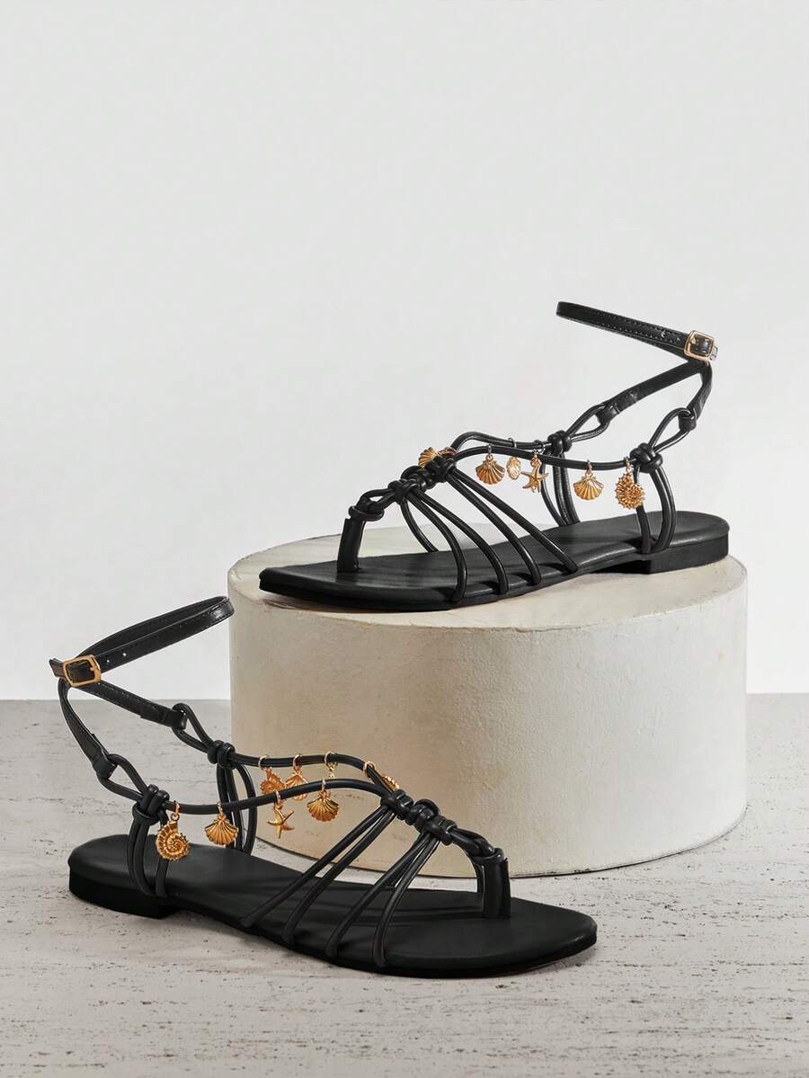 SHUZIA Women's Casual Comfy Metal Decor Flat Sandals - Black - View 1