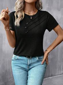 Easowa Solid Button Detail Tee,Casual - Black - View 3