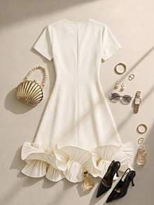 Formidée Plus Size Women's Round Neck Short Sleeve Ruffle Hem Casual Dress - Apricot - View 2