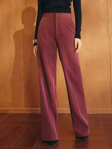 MOTF PREMIUM WOMEN'S BURGUNDY STRIPED SUIT PANTS, ELEGANT COMMUTE STYLE, AUTUMN/WINTER - Burgundy - View 6
