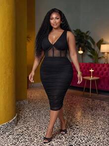 Slaydiva Spring/Summer New: Sexy Sleeveless Deep V-Neck Midi Dress, Sheer Mesh Waist Design, Slim Fit. Plus Size Women's Midi Dress. Suitable For Daily Wear, Party, Wedding, Graduation Ceremony, Friends Gathering, Music Festival, Elegant Gathering, Date, Cocktail Party, Birthday Party And Other Occasions. Elegant And Sexy - Black - View 6