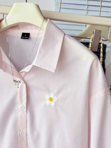 Comfortcana 粉色女款白色花卉刺繡休閒時尚襯衫，修身顯瘦 - 粉色 - 查看 4