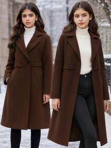 SHEIN Girl's Fall/ Over-The-Knee Wool Coat For Tween Girl In Style, Mid-Length Tapered F School Formal Dark Brown Elegant Luxury Modest Winter Club - Multicolor - View 7