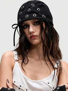 ROMWE Goth 1 Piece Punk Style Metal Air Eye Cold Hat, Y2K Bow Hat, Four Seasons Thin Stack Hat - Black - View 1