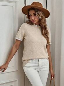 Louniche Elegant Apricot Crew Neck Lace Trim Patchwork Knit Short Sleeve Sweater, Suitable For Commute, Home, And Daily Wear, Spring/Summer - Apricot - View 5