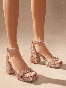 SHUZIA Sepatu Hak Tinggi Platform Rose Gold Bertabur Kristal RedCarpetReady untuk Wanita - Tali Rhinestone Multi-Potong & Pengunci Pergelangan Kaki yang Dapat Diatur | Hak Blok Stabil untuk Pesta Pernikahan hingga Acara Formal, Sepatu Musim Panas - Rose Gold - View 2