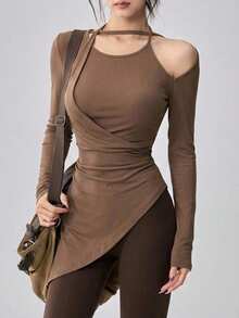 DAZY Women's Solid Color Asymmetric Cutout Design Long Sleeve Sports T-Shirt Night Rave Coffee Brown Autumn Sexy,Korean Style Party Wedding Guest - Brown - View 10