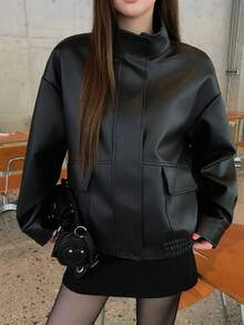DAZY Women's Regular Fit Black PU Leather Jacket With Stand Collar, Long Sleeves, Zipper Front, Loose Fit And Pocket Decor Cute Tops - Black - View 1
