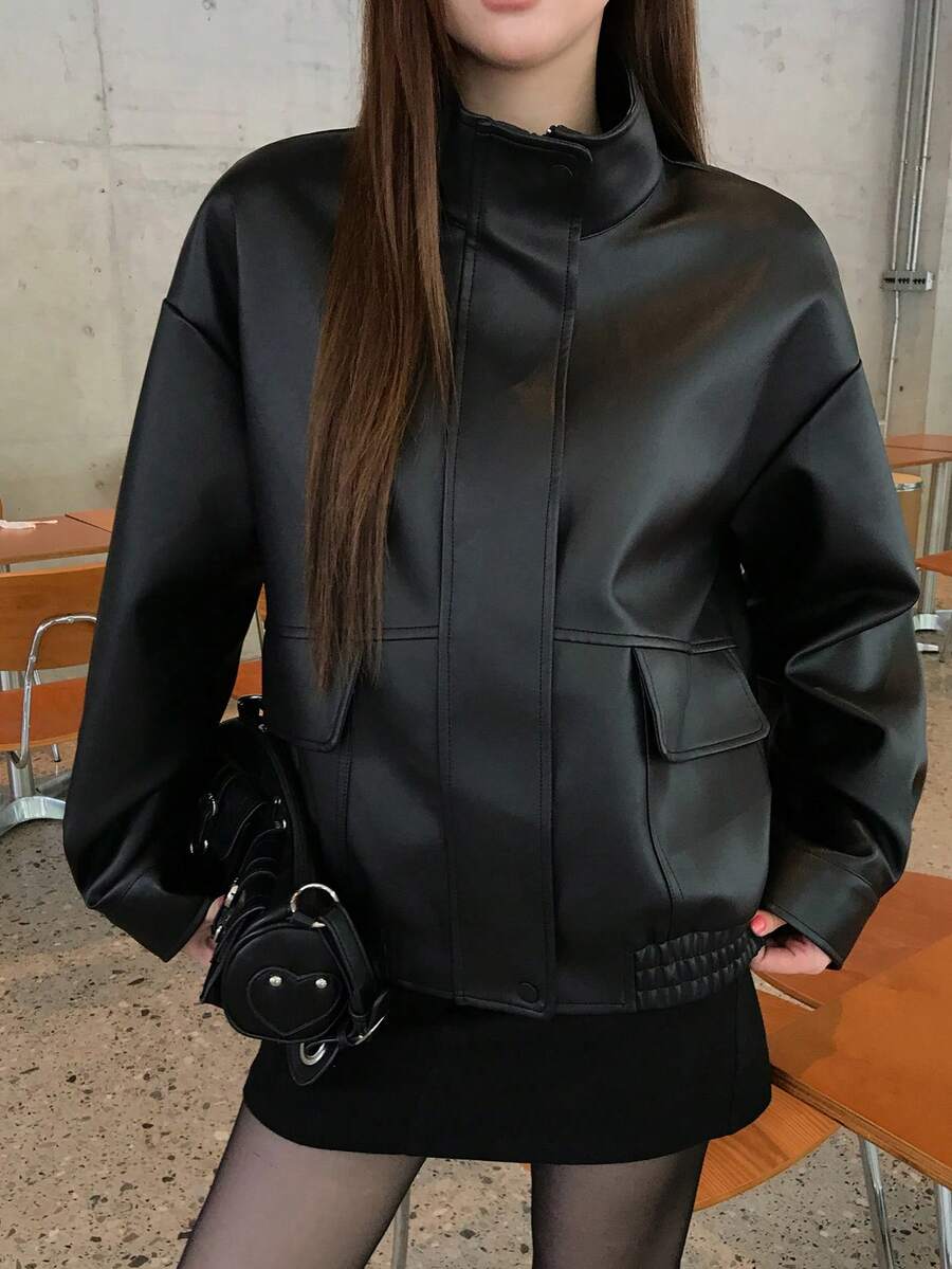 DAZY Women's Regular Fit Black PU Leather Jacket With Stand Collar, Long Sleeves, Zipper Front, Loose Fit And Pocket Decor Cute Tops - Black - View 1