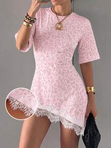 SHEIN EZwear 復古性感粉色豹紋針織蕾絲拼接緊身洋裝（女款），秋季上衣，日常通勤，派對之夜，冬/夏，聖誕節，Y2K - 彩色 - 查看 8