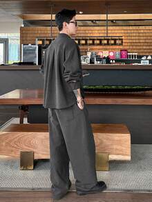 DAZY Spring/Autumn Dark Grey Crew Neck Half-Zip Pullover Sweatshirt With Decorative Rope And Drawstring Hem, Elastic Waist Long Pants Men's Set - Dark Grey - View 2